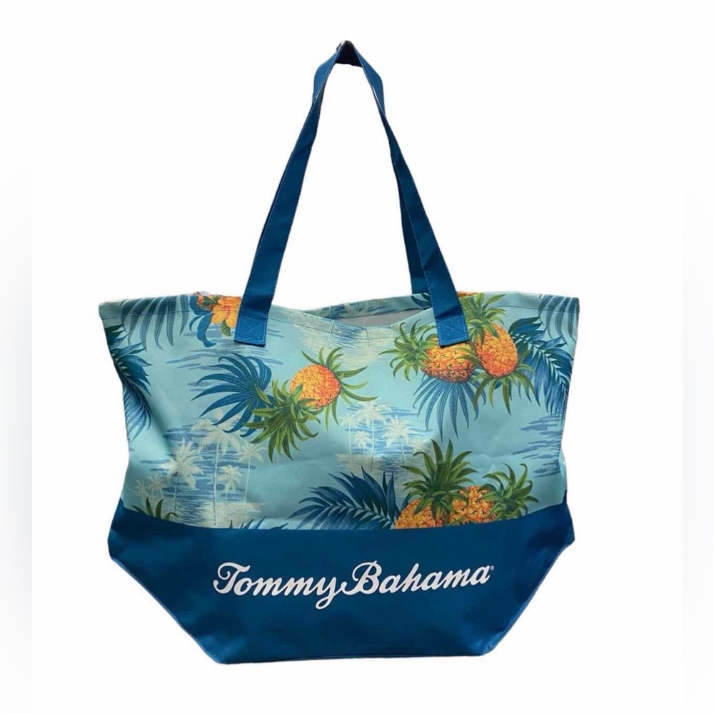 Tommy Bahamaโ Large Tote Bag Shoulder Strap Island Blue Pineapple & Palms NWOT